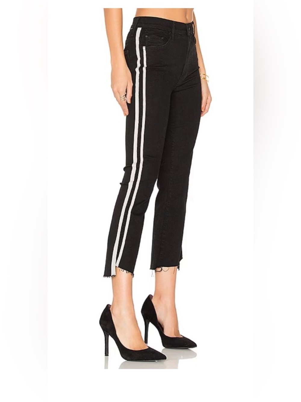 MOTHER cropped black jeans with white stripe